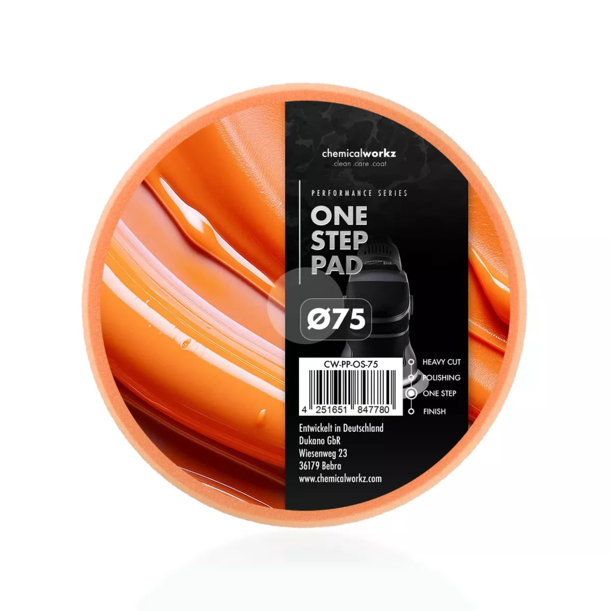 chemicalworkz One Step Performance Pad in Orange, 75 mm Durchmesser – Polierpad für Einschritt-Politur mit mittlerem Härtegrad