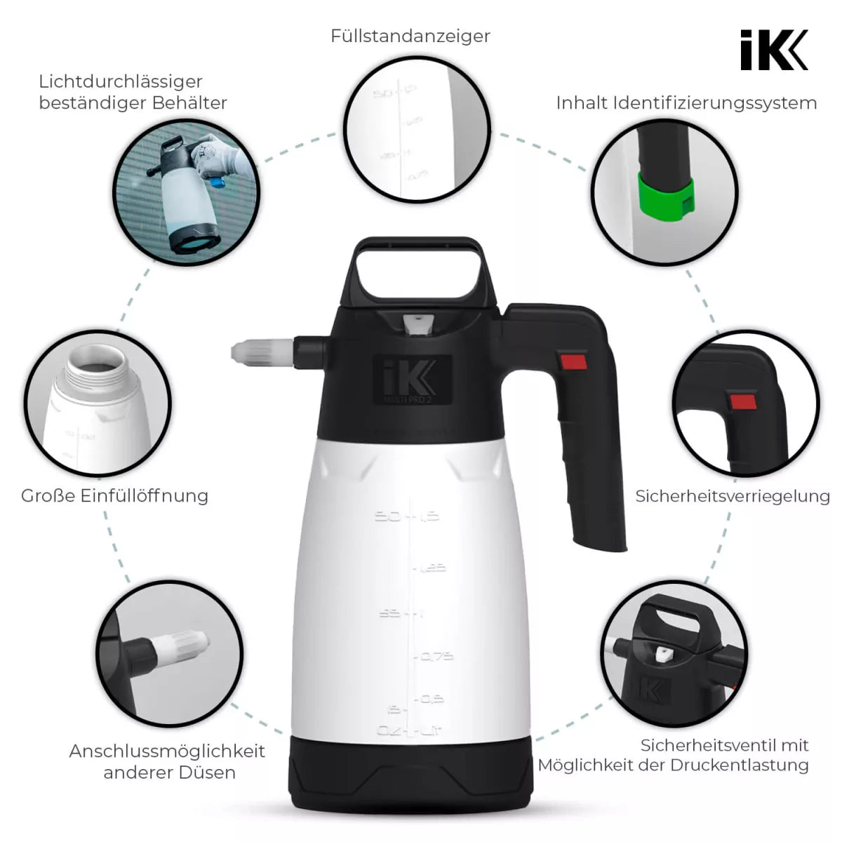 IK Multi Pro 2 Sprühgerät mit farbigen Kappen und verstellbaren Düsen