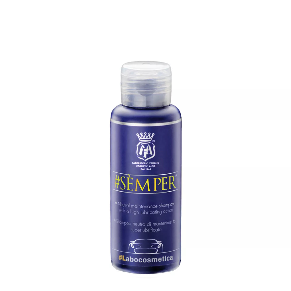 Labocosmetica Sèmper pH-neutrales Autoshampoo Flasche vor Fahrzeug